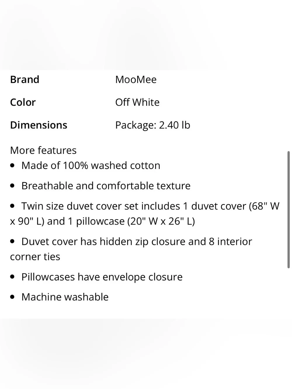 TWIN SIZE Duvet Set 100% Washed Cotton - OFF WHITE